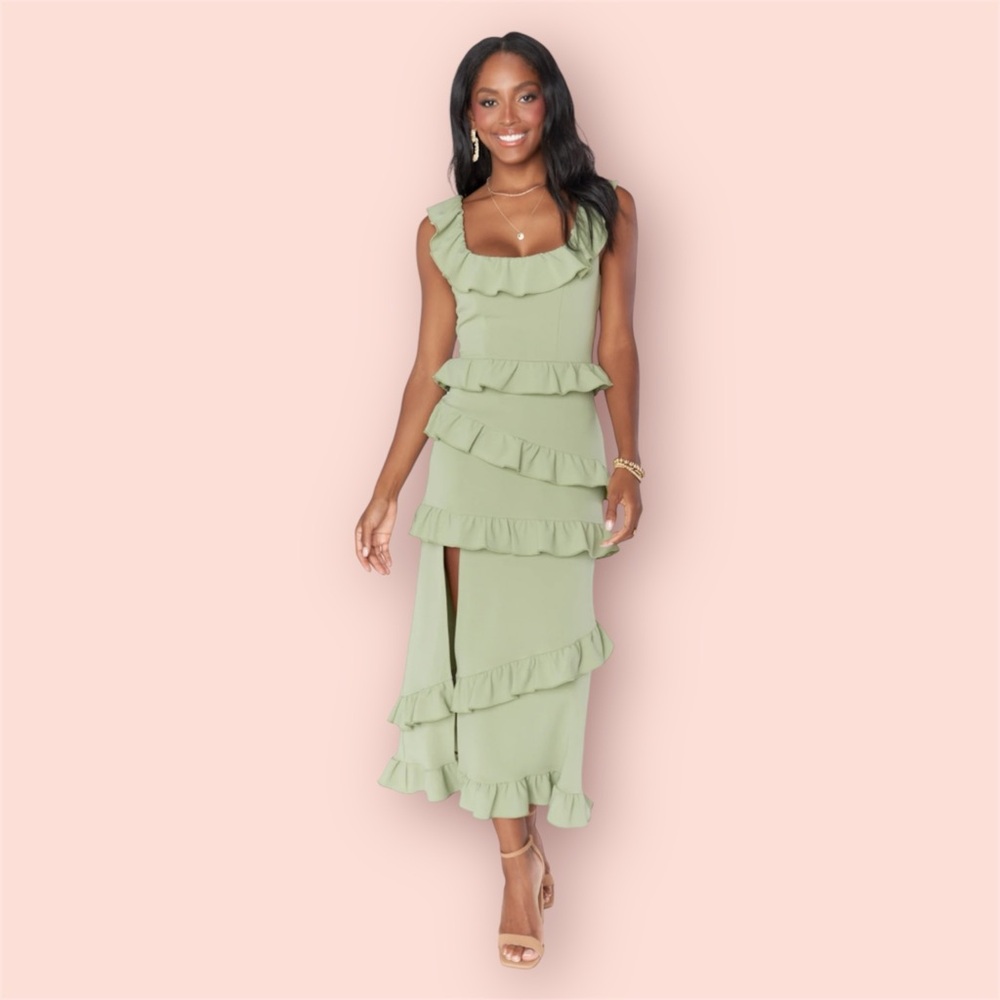 ✨HOST PICK✨ Show me your MUMU Greta ruffle Dress Moss Green size Large (NWT)